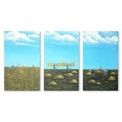 'Harvest of Rice' (triptych) - Landscape Naif Painting