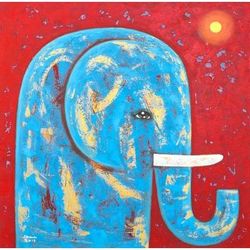 Red Full Moon,'Signed Naif Painting of a Blue Elephant from Thailand'