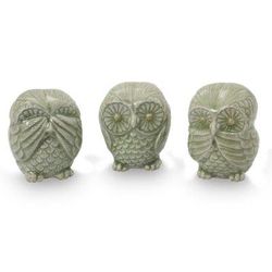 Celadon ceramic statuettes, 'Green Owl Trio' (set of 3)
