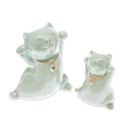 Cats of Fortune,'Celadon Ceramic Cat Figurines from Thailand (Pair)'