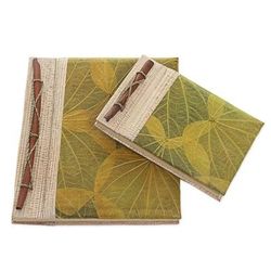 Autumn Spirit in Olive,'Handcrafted Pair of Rice Paper Notebooks from Indonesia'