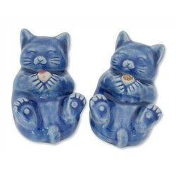 'Happy Kitties' (pair) - Hand Made Celadon Ceramic Cat Figurines