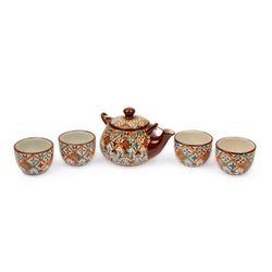 Ceramic tea set, 'Aztec Autumn' (set for 4)