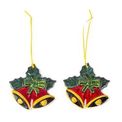'Hand-Painted Red and Yellow Ceramic Bell Ornaments (Pair)'