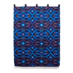 Wool tapestry, 'Blue Roosters'