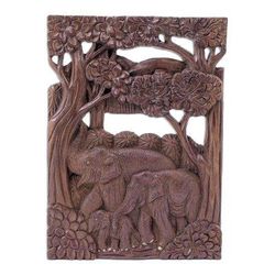 Joyful Family,'Hand Made Teak Wood Elephant Relief Panel'