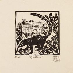 Coatimundi,'Mexico 4-Inch Signed Linoleum Block Print of a Coatimundi'