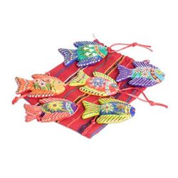 'Set of 6 Fish-Themed Hand-Painted Colorful Ceramic Ornaments'