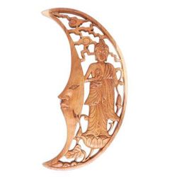 Buddha Moon,'Buddha in Crescent Moon Hand Carved Wood Relief Panel'
