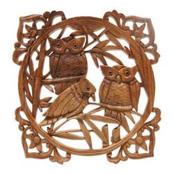 Owl Family Portrait,'Owl Hand Carved Wood Wall Panel from Indonesia'