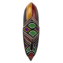 Samba Messenger,'Multicolor Wood Recycled Glass Bead African Mask from Ghana'