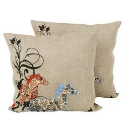 Twin Horses,'Two Jute Cushion Covers with Floral Horse Motif from India'