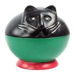 Playful Kitten,'Black and Green Cat Wood Decorative Jar from Ghana'