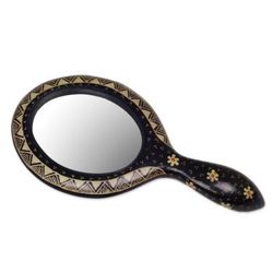 Java Beauty,'Fair Trade Art Javanese Hand Mirror Floral Batik on Wood'