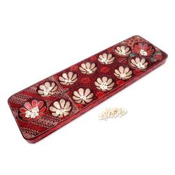 Cunning Red Flowers,'Batik Wood Mancala Game Handcrafted with Red Tones'