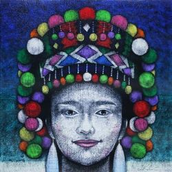 Ethnic Woman,'Acrylic Portrait of Woman with Traditional Hmong Headdress'