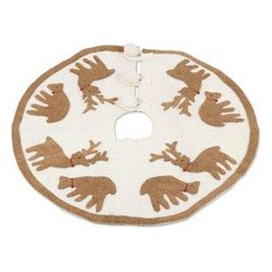 Reindeer Carnival,'Handcrafted Wool Tree Skirt with Tan Reindeer from India'