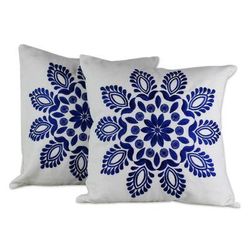 Cotton cushion covers, 'Blue Delhi Splendor' (pair)