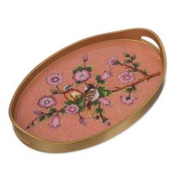 Birds of a Feather in Rose,'Reverse Painted Glass and Wood Tray from Peru'