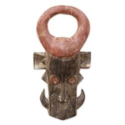 'Alligator-Themed African Sese Wood Mask in Brown and Black'