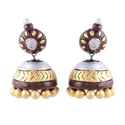 Gleaming Sonata,'Ceramic Dangle Earrings in Gold and Silver from India'