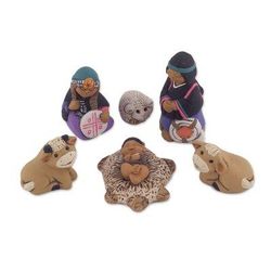 'Artisan-Made 7-Piece Mapuche-Themed Ceramic Nativity Scene'