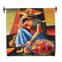 Woman of the Flowers,'Handwoven Cubist Style Andean Wool Tapestry from Peru'