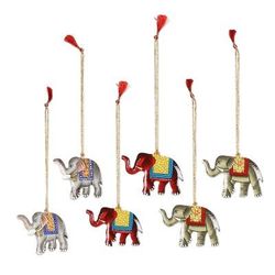 Festive Elephants,'Painted Wood Elephant Ornaments (Set of 6)'