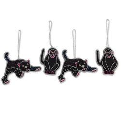Wild Animals,'4 Embroidered Cotton Cat and Monkey Ornaments from India'
