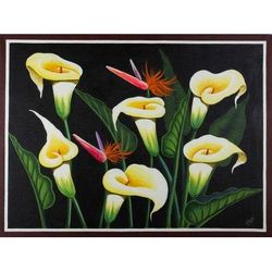 Calla Lilies,'Floral Painting of Calla Lilies and Birds of Paradise Signed'