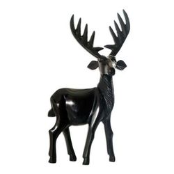 Curious Deer,'West African Ebony Polished Carved Brown Deer Sculpture'