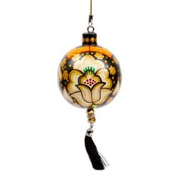 'Hand-Painted Floral Copal Wood Ornament in a Golden'