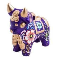 Purple Pucara Bull,'Purple Floral Painted Ceramic Bull Sculpture from Peru'