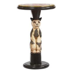 Bush Cat,'Cat-Themed Sese Wood Accent Table from Ghana'