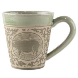 Thai Zodiac Pig,'Celadon Glazed Ceramic Mug with Pig from Thailand'
