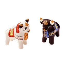 Little Bulls of Pucara,'Ornate Brown and White Andean Bull Figurines (Pair)'