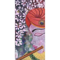 Uniting With Lord Krishna,'Signed Expressionist Hindu Painting of Krishna from India'