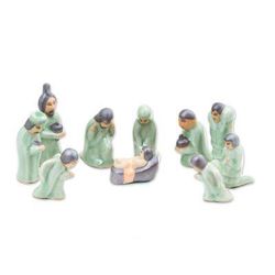 Nativity of Love,'Celadon Ceramic Nativity Scene from Thailand (10 Piece)'