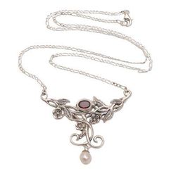 Garden Vine,'Floral Garnet and Cultured Pearl Pendant Necklace'