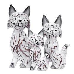 'Set of 3 Cat-Themed Albesia Wood Statuettes Crafted in Bali'