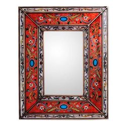 Orange Cajamarca Warmth,'Rectangular Reverse Painted Glass Wall Mirror from Peru'