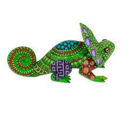 'Hand-Painted Green Copal Wood Chameleon Alebrije Figurine'