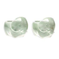 Elephant Sisters,'Celadon Ceramic Elephant Egg Cups from Thailand (Pair)'