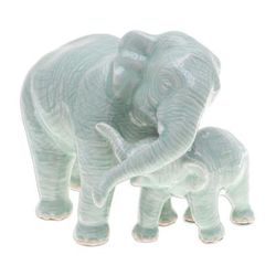 Elephant Love,'Handcrafted Celadon Ceramic Elephant Father and Son Figurine'