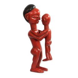 Good Father,'Sese Wood Father and Child Sculpture in Red from Ghana'