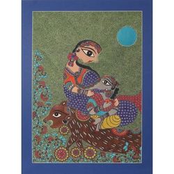 Ganesha & Parvati,'Hindu Mythology Figure Madhubani Painting from India'