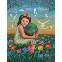 Child's Affection for World,'Realist Peace Painting of Girl in Field of Flowers from Bali'