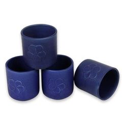 Ceramic cups, 'Blue Frangipani' (set of 4)