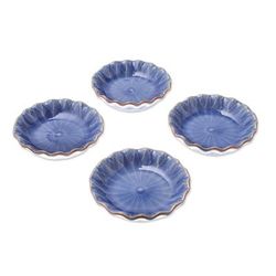 Festive Lotus,'Lotus Leaf Blue Ceramic Appetizer Bowls (Set of 4)'