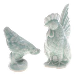 Japanese Rooster & Hen,'2 Handcrafted Green Celadon Ceramic Rooster & Hen Figurines'